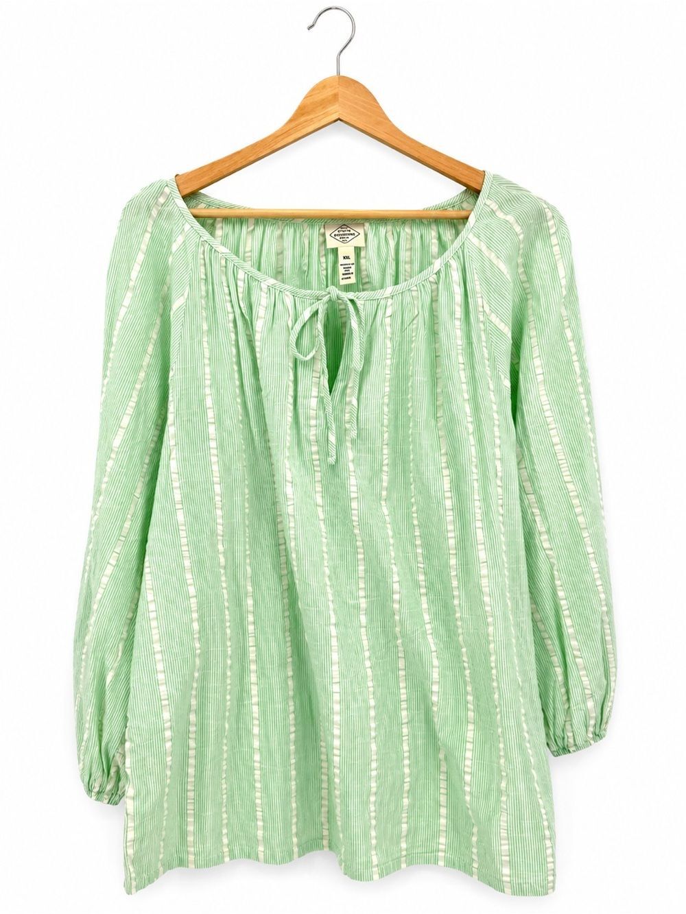St. John's Bay Green Striped Cotton Blouse Peasant Long Sleeve Size XXL